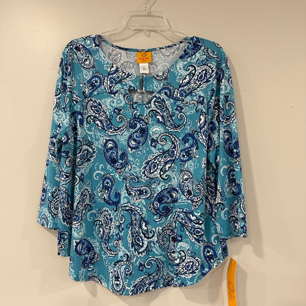 NWT Ruby Rd. Paisley Print Blue Women's Top Size XL Petite